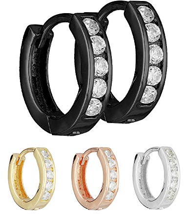 Treuheld® | Schwarze Klapp-Creolen/Ohrringe zum Klappen | 925 Sterling Silber | große, klare Kristalle | 3mm x 13mm | Set/Paar Ohrstecker