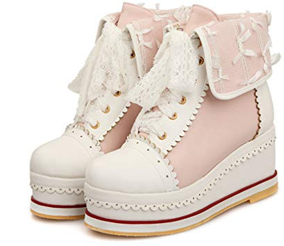 HILIB Women's Cute Lolita Boots Cosplay Brogue Wedge Boots, Pink, 5.5