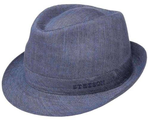 Stetson Chapeau Geneva Trilby en Lin Femme/Homme - Made in Italy Tissu D'Ete de Soleil avec Doublure Ete Printemps-ete - 56 cm Bleu