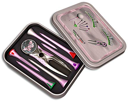 FancyTees M24 Lady Set - Pitchgabel + Ballmarker + Golf Tees Kunststoff Pink Bunt (Schmetterling)