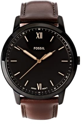Fossil Reloj para hombre The Minimalist 3H, movimiento de cuarzo, caja de acero negro de 44mm con correa de piel, FS5551, Marrón Oscuro