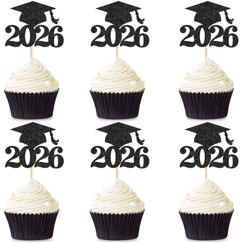 Blumomon 36Pcs Black Glitter Graduation Cap Cupcake Toppers Class of 2026 Grad Cap Cupcake Picks for 2026 Graduation Theme Party Cake Decorations Supplies