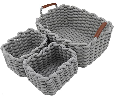 Icegrey Aufbewahrungskorb Baumwolle Strickkorb Dekorative NatüRliche Rechteck Wasserdichter Aufbewahrungsboxen Organisatoren für Babyzimmer, Schlafzimmer, Wohnzimmer Grau 3er Pack