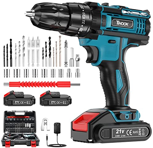 TIHOOK Cordless Drill Driver Set 21V with 2 Batteries 2000mAh, 42N.m Combi Drill, 3/8 Chuck, LED Light, 25+3 Torque, 2 Speed, Fast Charging for Home and Garden DIY Project