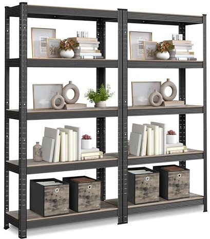 SONGMICS Juego de 2, Estantería de 5 Niveles, 30 x 75 x 150 cm, Carga de 650 kg (130 kg por Nivel), Estantes Ajustables, Estilo Natural, para Cocina, Salón, Madera Natural y Negro GLR030B12