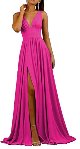 HPPEE Vestido de dama de honor para mujer con escote en V profundo, talla grande, vestido de fiesta de boda con abertura, fucsia, 40