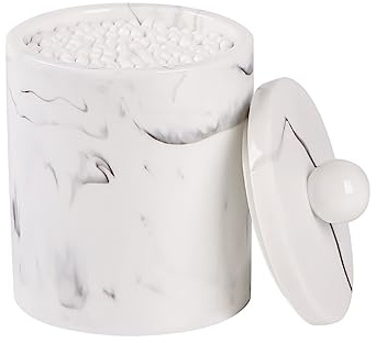 Tonxus Marble Qtip Holder with Lid, White Resin Cotton Swab Container, Small Apothecary Storage Jars, Bathroom Q-Tip Holder for Cotton Balls, Swabs, Pads, Floss Picks