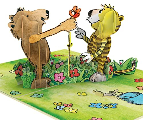 papercrush® x Janosch Pop-Up Karte Blumengruß - 3D Geburtstagskarte mit Tiger & Bär für Kinder, Mama & Frauen, Gute Besserung Karte, Dankeskarte, Muttertagskarte, Valentinskarte für sie & ihn mit Rose