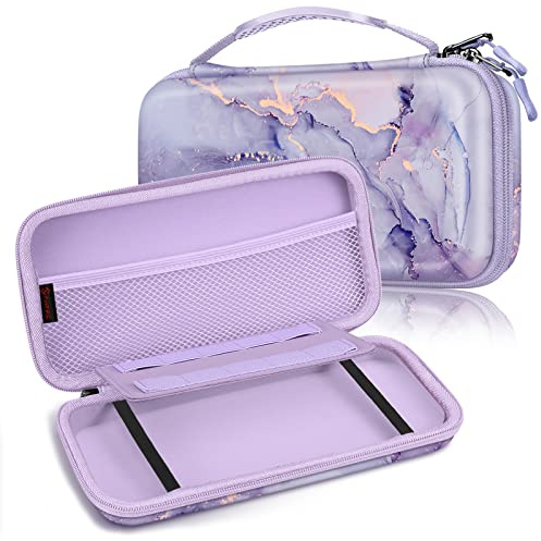 FINTIE Etui pour Nintendo Switch/Switch Modèle OLED - Housse Transport en EVA Sacoche de Rangement Zippée Anti-Choc, Coque Protection Console avec 10 Emplacements Cartes de Jeu, Marbre Lilas