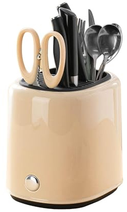Tissting Messerblock Utensilienhalter, ABS Metall Abnehmbarer Messerhalter ohne Messer 22 x 21 x 18 cm Beige Moderner Küchen Arbeitsplatten Kochutensilien Halter für Löffel, Gabel, Spatel