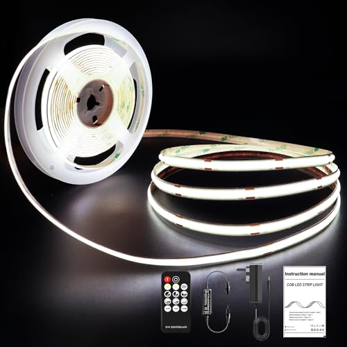 ROUKLE 8mm COB LED Streifen 6000K - 5M Dimmbare 24V Superhelle COB LED Strip CRI90+ mit RF-Fernbedienung | 2400 LEDs | Kaltweiß 6000K | Einfache DIY Dekoration