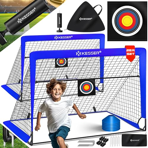 KESSER® Fußballtor Kinder Pop-Up 2er Set | Fußball-Tore Faltbar mit Glasfaserstangen & hochwertigen Tornetzen für Indoor, Outdoor & Garten | Mit Transporttasche 6X Hütchen Ballpumpe Zielscheibe Blau