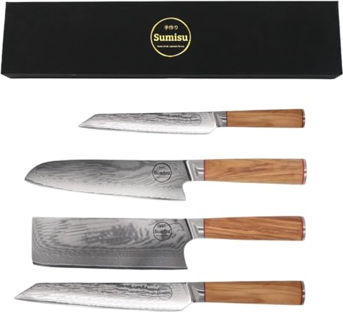 Sumisu Knives - Japanische Messerset 4-teilig, Wood Kollektion, 100% Damastmesser, Lieferung in luxuriöser Geschenkbox, Geschenk, Küchenmesser