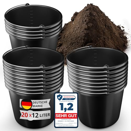 20 Stück Oramics 12L Eimer mit Edelstahl Henkel – Baueimer Kübel für Zement und Mörtel – Stabiler Wassereimer, Mörteleimer mit Skala für Haushalt, Garten, Baustellen (20x 12 Liter Putzeimer)