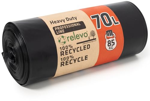 Sacs Poubelles 70 L Relevo, Sacs Poubelles Durables avec Résistance jusqu’à 85 kg (75µm), Sacs en Plastique 100% Recyclés et Anti-Fuites, 73 cm x 85 cm, Capacité 70 L - Sans Poignées