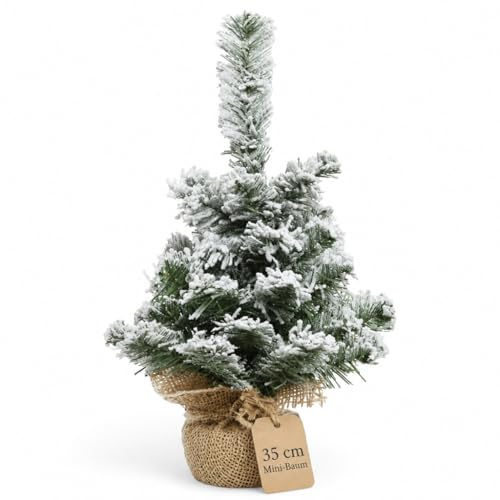 Zauberhafter Mini-Weihnachtsbaum | Künstlicher Christbaum in Jutesäckchen | Stylisch & Dekorativ | Sicher standfest mit Soft Needles | Perfekt für eine gemütliche Atmosphäre | 35cm Höhe (Schnee)