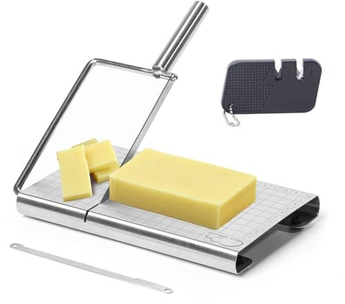 Esie Houzie Cheese Slicer - Multipurpose Stainless Steel Cheese Cutter & Food Cutter with Blade - Accurate Size Scale for Cutting Cheese Butter Vegetables Sausage & More (No Wire)