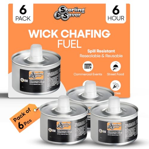 Sterling Saver 6 Hour Wick Chafing Fuel Pack of 6 for Parties and Catering Events | Safe & Clean-Burning Warmers for Indoor and Outdoor Use | 360 Mins Long Burn Time Odourless Heat for Buffets