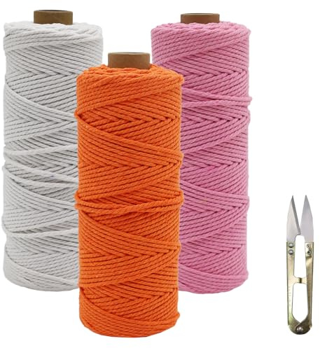 Filo Macramè di Cotone Naturale 2 mm x 100 m - Set da 3 Pezzi per Piante da Parete, Artigianato - Rosa, Arancione, Bianco