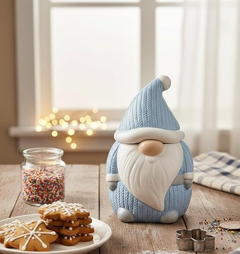 New Blue Charming Ceramic Gnome Shaped Cookie Jar with Lid Use as Both a Decorative Item And a Storage Jar For Your Festive Treats Christmas Home Decor Gift -A42
