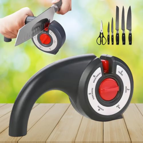 Afilador de Cuchillos Multifuncional 6 en 1,Mango Ergonómico para Cuchillos Estándar, Sushi, Cuchillo para Pan,Cuchillo sierra y Tijeras,con rodillos de ceramica y carburo,color Rojo y Negro