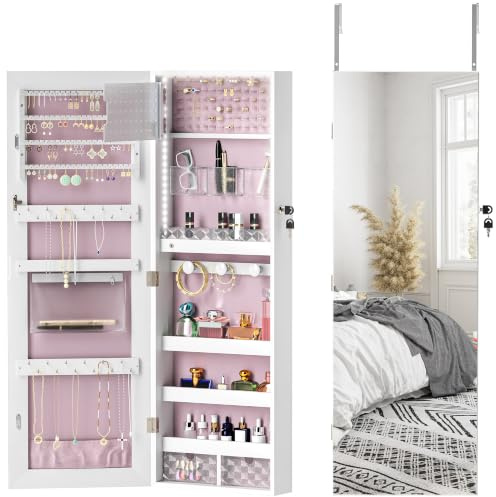 HOMCOM Jewellery Cabinet with Mirror and LED Lights, White and Pink Lining | Over Door, Wall Mounted Full Length Mirror with Storage, Lockable Jewellery Organiser
