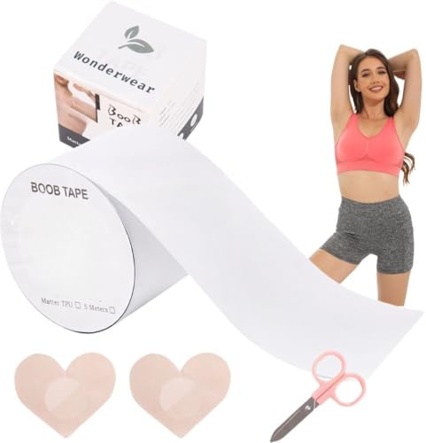 Wonderwear® Veganes Boob Tape aus Deutschland – Transparentes Brust Tape (5cmx5m) – Selbstklebend & Hautfreundlich – Unsichtbarer Halt Klebe Push Up BH – Ink. Schere & 4 Nippelpads