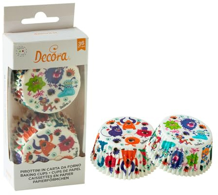 Decora 0339908 Confezione da 36 Pirottini Mostri Monster Ø 50 X 32 Mm, per Cuocere, Presentare e Regalare Muffin, Resistono fino a 220°, In comodo Blister