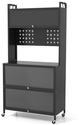 RELAX4LIFE Scaffale da Cucina con 5 Ripiani, Armadio con Ruote, Porte a Battente, Ganci Superiori e Pannello con Perforazioni, Mobile Multifunzionale per Cucina, Sala da Pranzo (Nero)