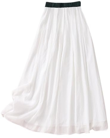 KUIH Maxi Skirts for Women UK Elastic Waist Flowy Linen Skirt Summer Casual Lightweight A Line Flowy Skirt Holiday Vacation White