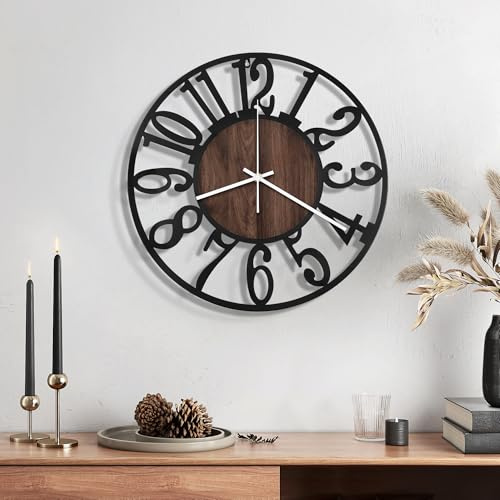 Maxstar Wall Clock Batterie betrieben, leise, Nicht tickend Moderne rustikale Metallrunde für Wohnzimmer/Schlafzimmer/Büro/Küche/Bauernhaus Wohnkultur 12 Zoll (Brown-Wood)