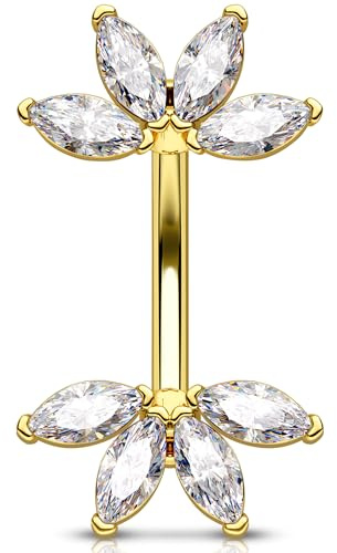 OUFER 14G Gold Bauchnabelpiercing Schmuck Edelstahl 316L Bauchnabelring Blume Transparente Marquise CZ Piercing Bauchnabel Belly Button Ring für Damen 8 mm