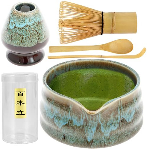 BAODBF Juego de 5 piezas de té Matcha, escoba Matcha, accesorios para matcha con pala, agitador y soporte para mezclar, cuenco de cerámica para matcha, juego de matcha para preparar matcha, azul