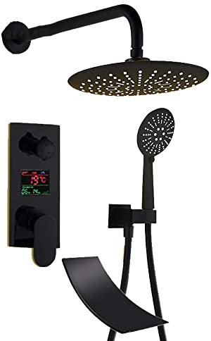 Rain Shower System with Digital Display, Black Rain Mixer Shower Combo Set Wall Mounted Bathroom Shower Faucet Set with Shower Head, Handheld Shower, Waterfall Tub Spout,