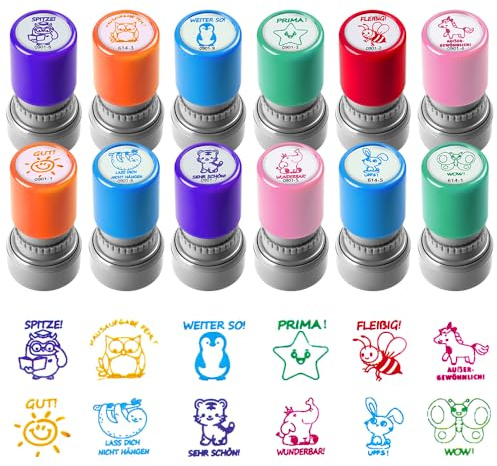 SGZIOO 12 Stück Lehrerstempel Grundschule, Selbstfärbende Stempel Lehrer, Lehrer Stempel, Lob Ermutigung Kinder Stempel Grundschule, Bunte Cartoon Lob Siegel Ermutigung, für Motivation Briefmarken