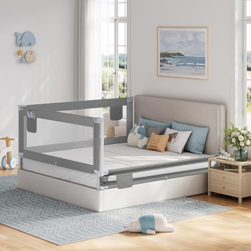 WOLTU Bettschutzgitter, Bettgitter Rausfallschutz 200 cm x 2 und 180 cm x 1, einziehbare Kinderbettgitter mit luftigem Netz, höhenverstellbar 69–87 cm, Dunkelgrau