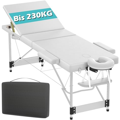 Suusolny 3 Zonen Massageliege Klappbar Mobile Massagebett mit Griff Tragbar Alu Massagetisch Höhenverstellbar Massageliegen Kosmetikliege Tattoo Liege mit Kopfstütze Tragfähigkeit 230 KG - Weiß