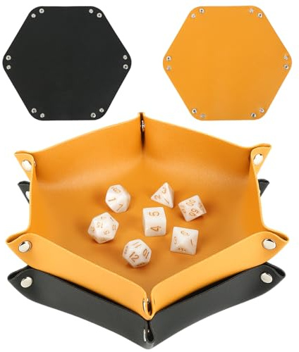2 Stück Würfeltablett Hexagon, Leder Würfelbrett mit 7 Würfeln, Faltbar Dice Tray und Würfelschale, Schmuckschale für Aufbewahrung von Schmuck, Uhren, Handys und Würfel Spiele (Schwarz, Ingwer)