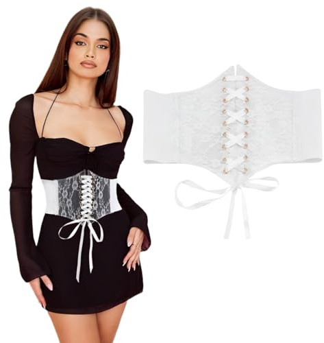 JYNVO Corset Medieval Femme, Ceinture Blanche pour Femme, en Dentelle, Elastique Large à Lacets Rétro Ceinture pour Robe