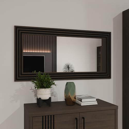 Forte EUFEMIUS Spiegel 120, moderner Spiegel mit gefrästem Rahmen, Holzwerkstoff, Dunkelbraun|Schwarz Eiche Holzdekor, 120 cm breit x 60 cm hoch x 1,6 cm tief