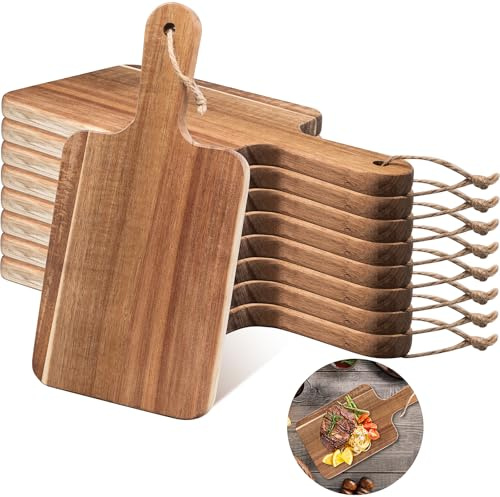 10 Stück Schneidebretter aus Akazienholz mit Griff und Seil, 30 × 15 cm Servierbretter im Set Holzbrett zum Schneiden und Servieren von Gemüse Fleisch Käse Pizza Obst Brot