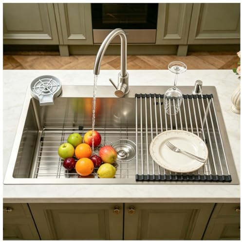 HZKSINNK Fregadero de acero inoxidable 304, fregadero empotrable de 1 pila, fregadero de cocina cepillado, pila grande, 70x50 cm de profundidad, hecho a mano, fregadero multifuncional, con sifón