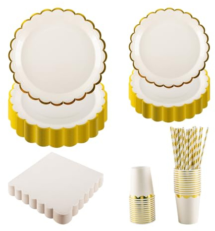 125 st beige festservis set – beige och folieguld uddig papperstallrikar, koppar, servetter, sugrör för 25 gäster, festtillbehör för födelsedag, picknick, bröllop, babyshower