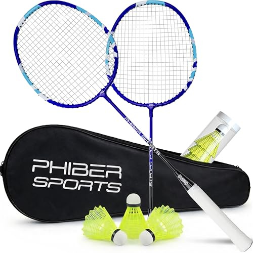 PHIBER-SPORTS Badminton racketset – 2 x badmintonracket 3 x fjäderbollar + väska – robust fjäderbollset för trädgård och park – Perfekt för nybörjare och proffs (badmintonracket set)