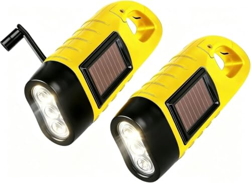 2 Pack Solar Torch Emergency Super Bright Hand Crank LED Flashlight | Camping Climbing Outdoor Hiking Survival Gear Bright Portable Survival Emergency with Carabiner Hook Yellow