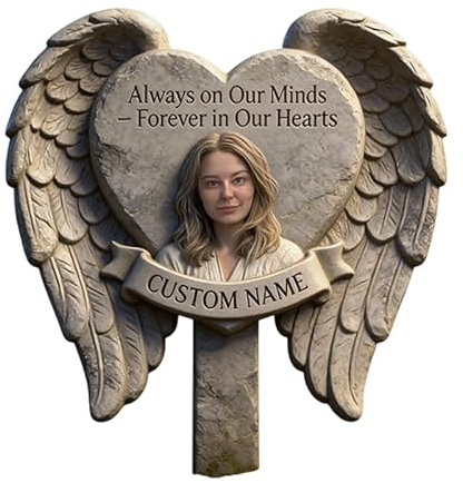 Always On Our Minds - Personalized Memorial Acrylic Garden Sign/Acrylic Plaque Sign Heart Shaped Angel Wings Sympathy Yard Art Loss Of Loved One Grave Marker Outdoor Decor Remembrance Stake