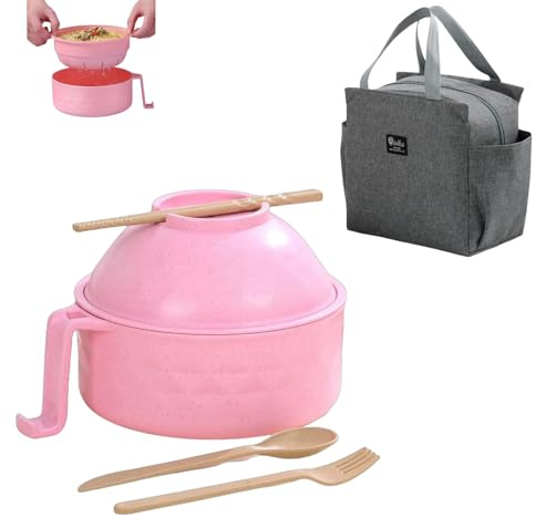 Générique Mikrovågsugn ramenskål set med lock, multifunktionell snabbnudelskål med diskställ, bärbar, återanvändbar matbehållare (rosa)