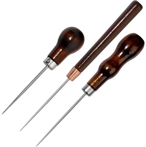 Qomcsrl Set di 3 Awl Scratch con Manico In Legno, Awl da Cucito A Forma di Cucurbitacee per Forare e Creare Fori Nei Lavoretti.