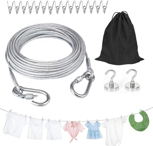 Morvexa Tendedero de camping de 5 m de cable de acero inoxidable de 2,0 mm, cuerda de lavado de viaje portátil con 15 pinzas de metal, 2 ganchos magnéticos y bolsa, cuerda de lavandería para caravana