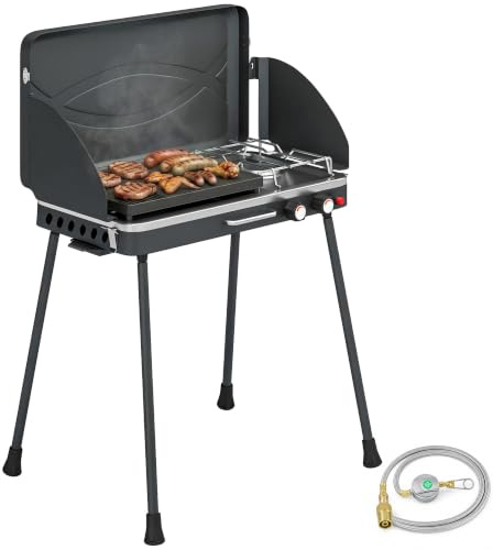 Outsunny Barbecue a Gas Fornello da Campeggio 2 in 1 Portatile Nero | 2 Bruciatori 7KW, Griglia a Gas GPL da Tavolo con Piastra, Gambe Smontabili, Paravento, Maniglia, per BBQ Picnic Giardino